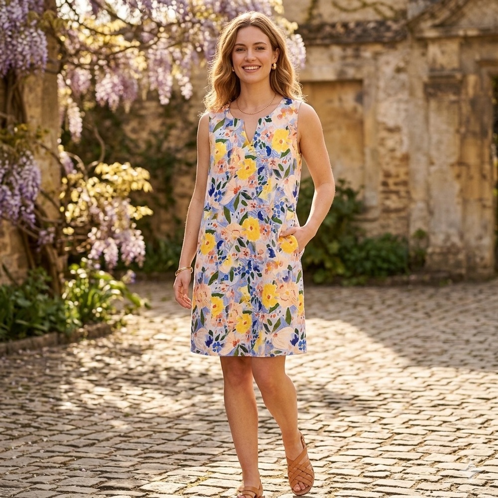 Foil Sun-Sational Linen Sleeveless Dress Size 8 Floral Multicolour